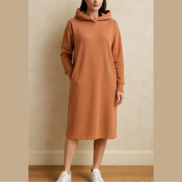 Uniqlo Sweat Hoodie Long-Sleeve Dress Orange 85% Cotton Sz Large - Picture 1 of 14